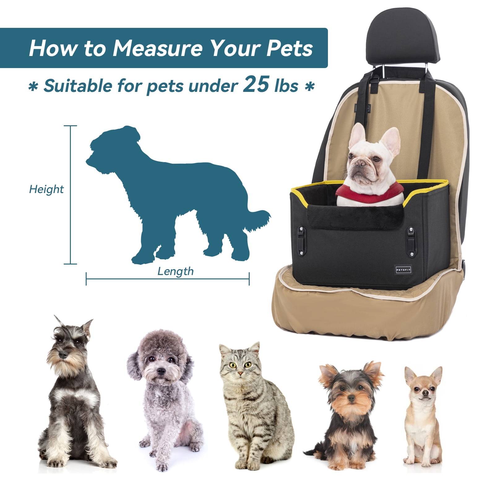 PETSFIT Pet Booster Car Seat for Small Dogs, Puppy Stable Car Seat for Car with Clip-On Leash,Up to 25lbs，Black