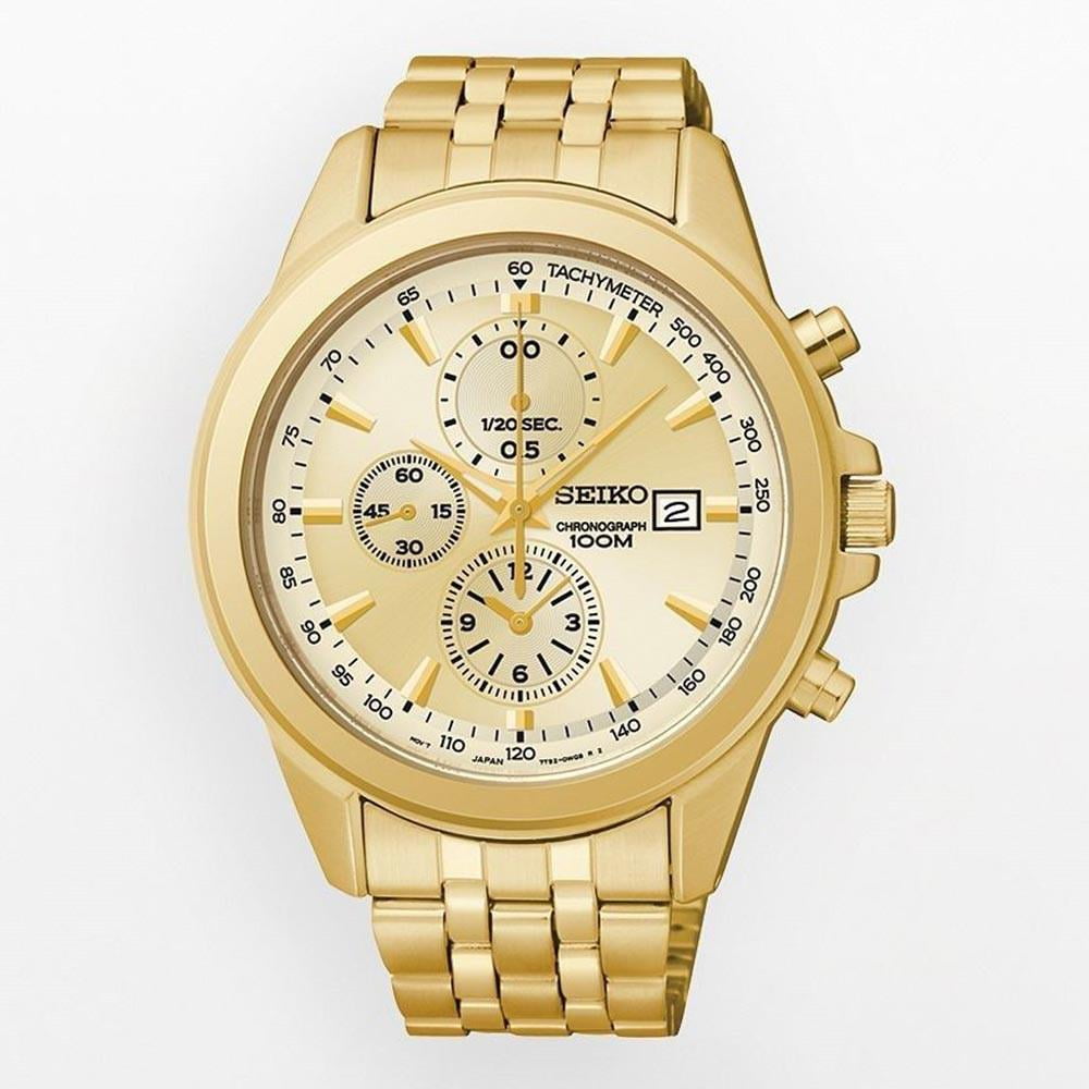 Seiko Men's SNDF08 Chronograph Gold Tone Dial Gold Plated Steel Bracelet  Watch 