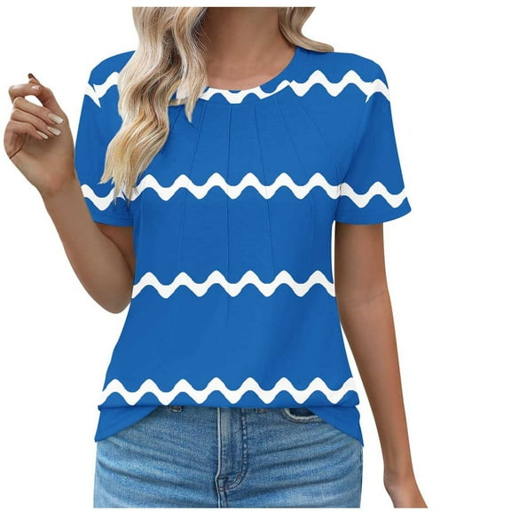 Jewelreauty Women Casual Summer T-Shirts Short Sleeve Crewneck Tunic Pleated Tops Loose Striped Blouses (S, Blue)