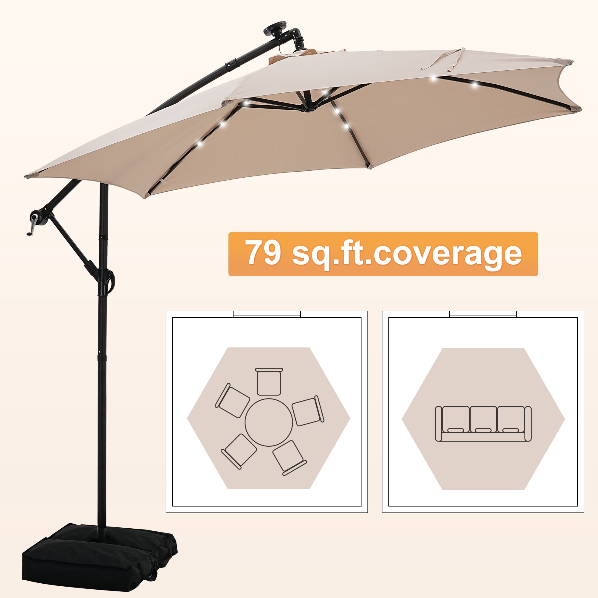 Autlaycil 10 ft Cantilever Offset Outdoor Patio Umbrella with Base Stand Rotate and Tilt,24 Solar LED Lights, Khaki