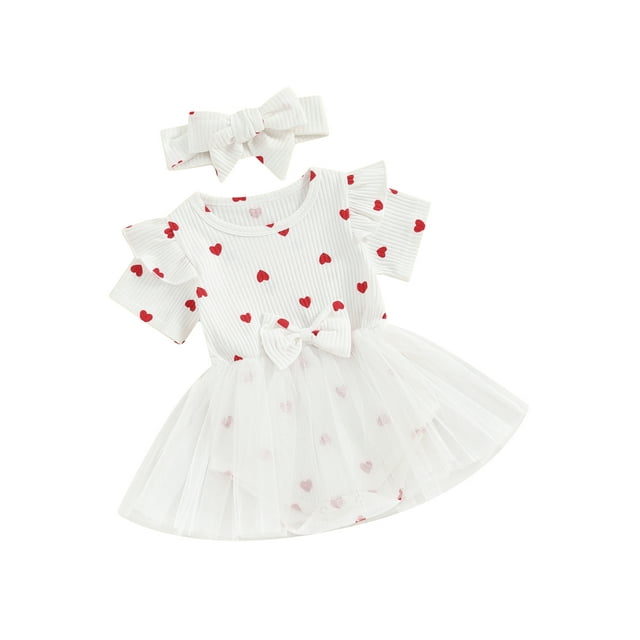 EYIIYE Robe Barboteuse pour Bébé Fille Saint-Valentin Nouveau-Né Manches Courtes Col Rond Combinaison Imprimé Cœur Patchwork en Tulle Body avec Bandeau Ensemble de Vêtements Princesse Décontracté Mignon pour Petite Fille