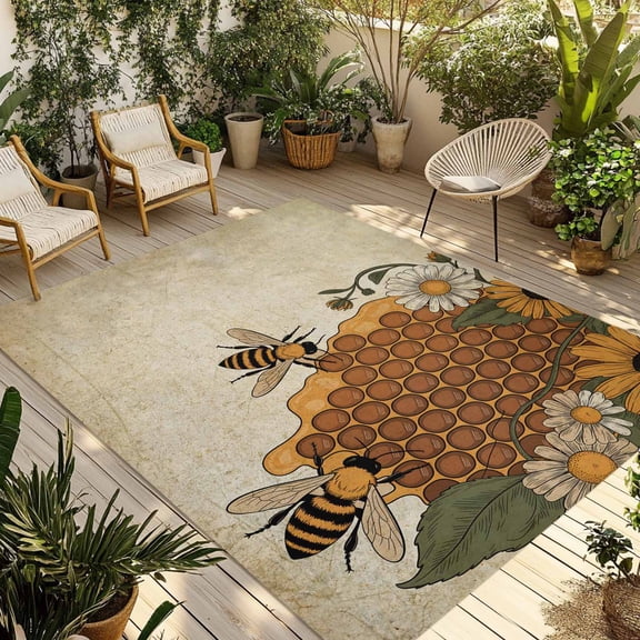 Vintage Bees Outdoor Rug for Patio/Deck/Porch, Non-Slip Large Area Rug 4 x 6 Ft, Daisy Floral Pastoral Retro Art Indoor Outdoor Rugs Washable Area Rugs, Reversible Camping Rug Carpet Runner