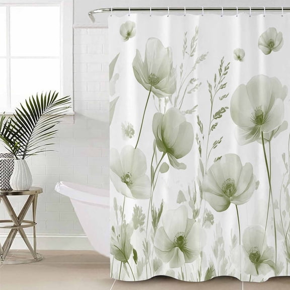 Sage Green Floral Bathroom Curtain 78 Inch Shower Curtain with Hooks, Botanical Flower Plant Herb Watercolor Waterproof Polyester Bath Curtain Washable Bathtub Curtain 36''x 78''