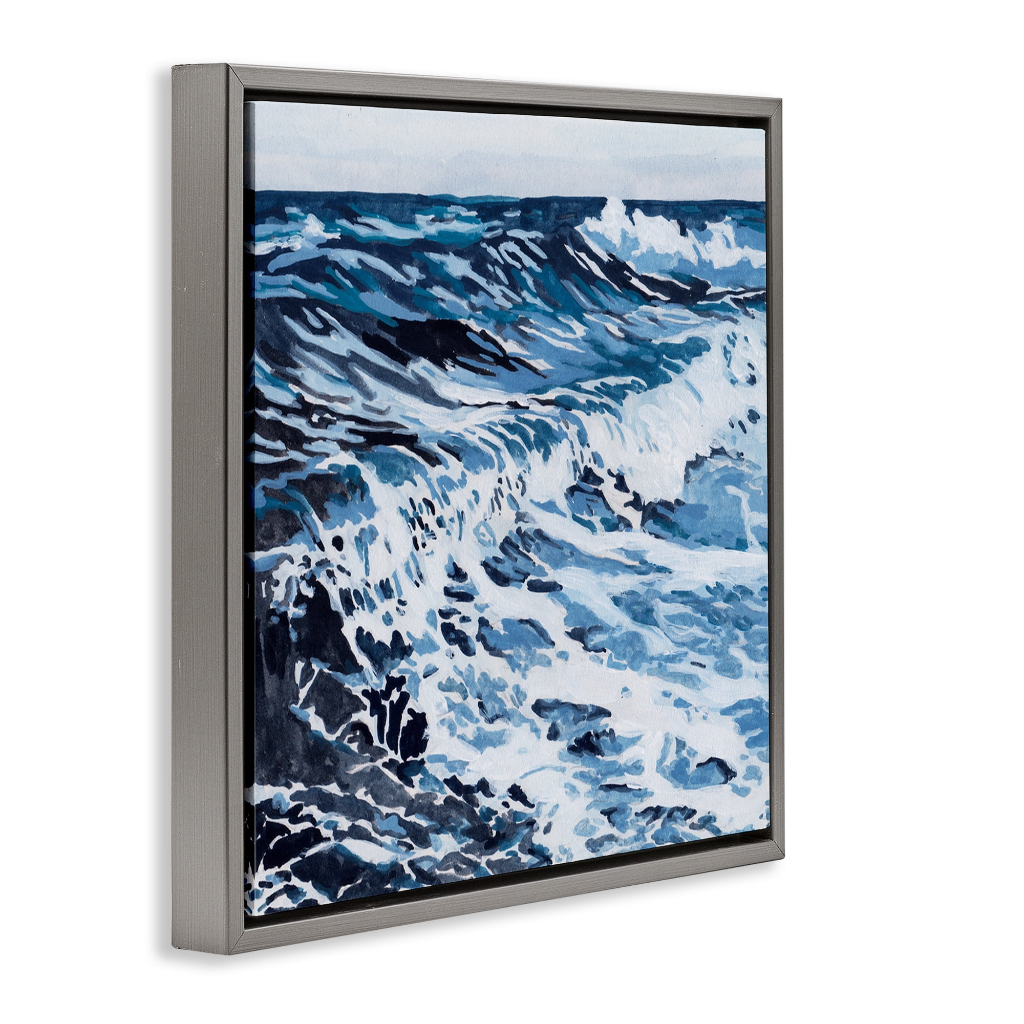 Stupell Industries Blue Rolling Waves Landscape Painting Gray Floater Framed Canvas Art Print Wall Art, 25 x 25