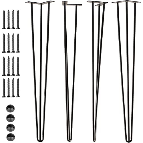 SPACEEUP 28" Hairpin Table Legs, 4PCS Coffee Desk Legs with Rubber Floor Protectors, 880lbs Load Capacity, Heavy Duty Black Metal Furniture Legs 3 Rods for DIY Bench Desk Dining End Table Chairs