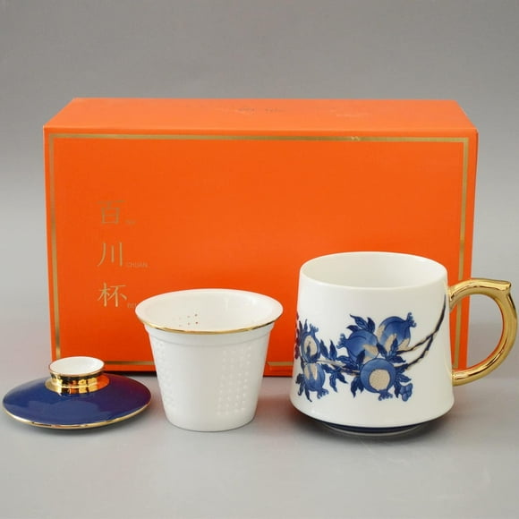 Porcelain Tea Cup Coffee Mug with Infuser - Chinese Jingdezhen Ceramics Teacup Loose Leaf Tea Brewing System for Home Office (Blue and white)