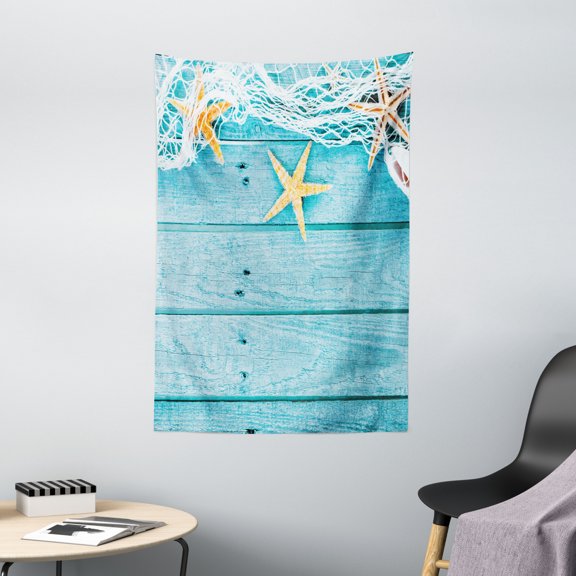 Starfish Decor Tapestry, Rustic Wood Boards Fishing Net and Ocean Animals Nautical Print, Wall Hanging for Bedroom Living Room Dorm Decor, 40W X 60L Inches, Turquoise White Orange, by Ambesonne