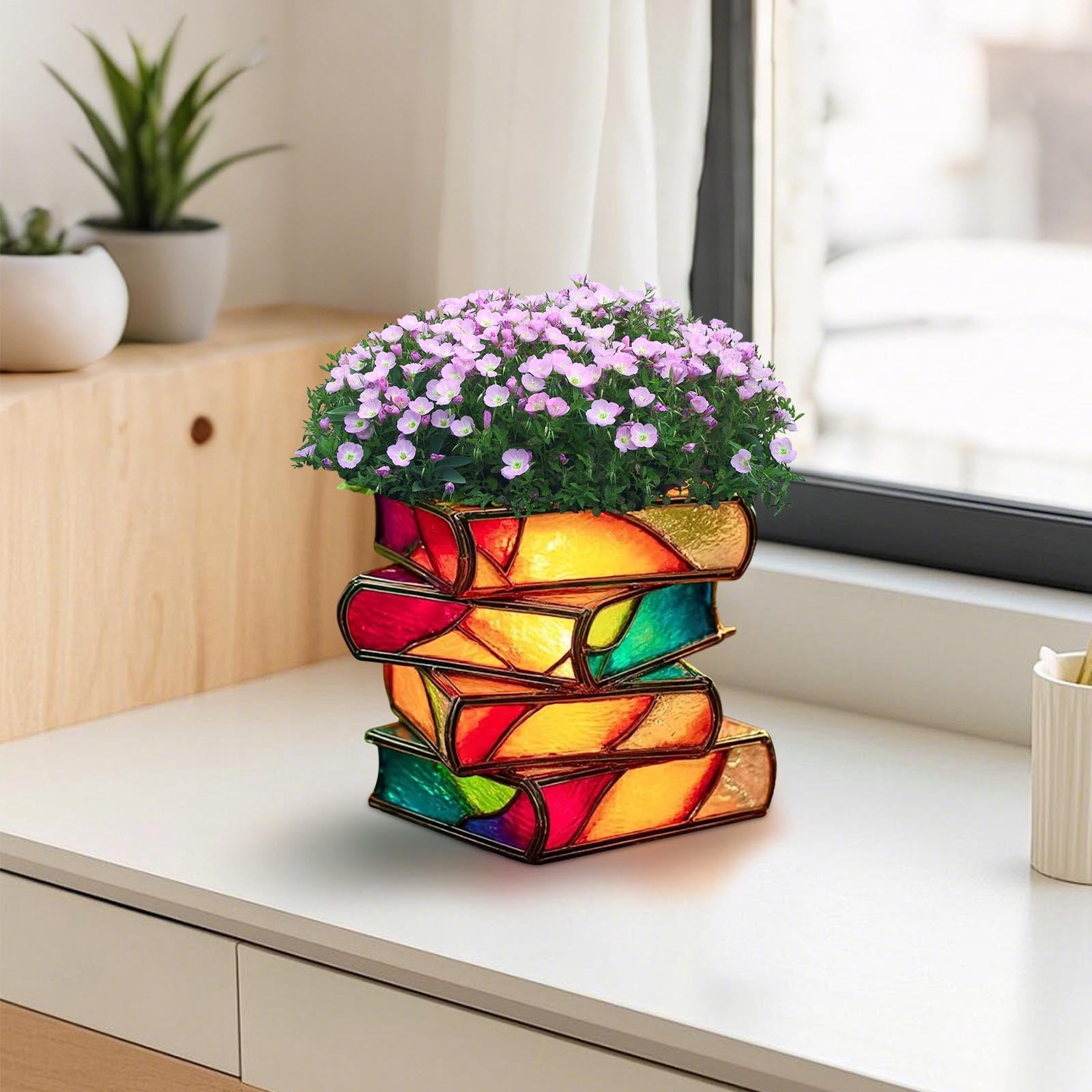Stacked Books Resin Planter, Mini Desktop Flower Pot for Office Desk Home Shelf Decor, Air Plant Container, Small Space Decorative Gardening Pot for Indoor Living Room Bedroom Decoration