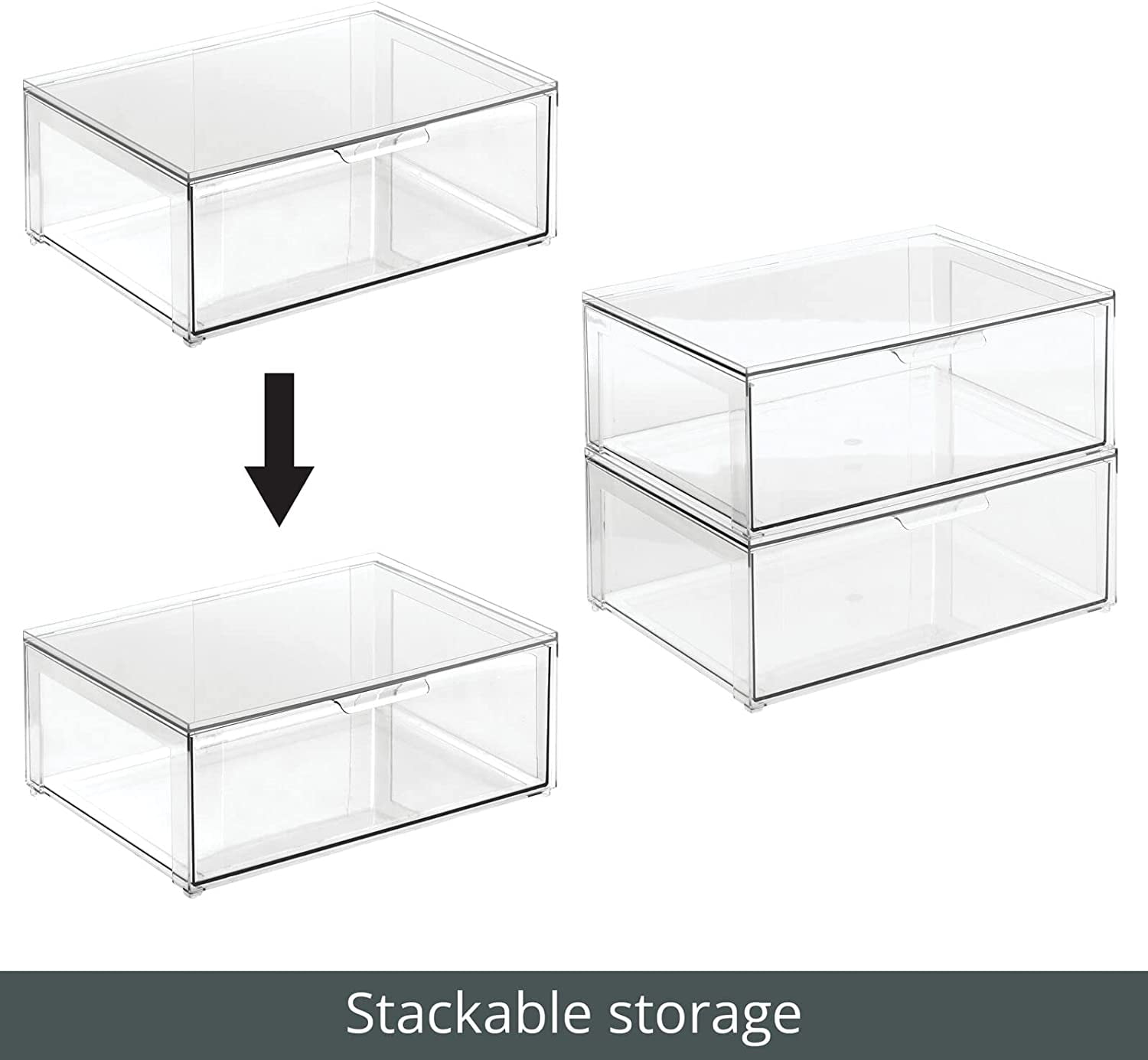 Plastic Stackable Kitchen Storage Organizer Bin Containers with Front Pull Drawer for Cabinet, Pantry, Fridge, Freezer, Shelf, Refrigerator Organization - Lumiere Collection - Clear
