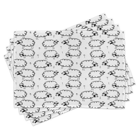 

Funny Placemats Set of 4 Funny Sheep Patterns on Meadow with Flower Comic Doodle Playroom Kids Art Print Washable Fabric Place Mats for Dining Room Kitchen Table Decor Balck White by Ambesonne