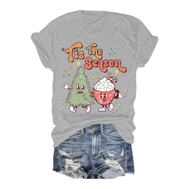 TSADFHJI Hauts de Noël Grande Taille pour Femmes 4X T-Shirt Décontracté Col Rond / Manches Courtes pour Confort & Style L Gris