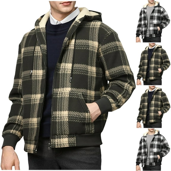 BiZtdJrK Men's Sherpa Fleece Lined Plaid Hoodies Jacket Zip Up Long Sleeve Warm Winter Coat with Pockets, Coffee, XXL
