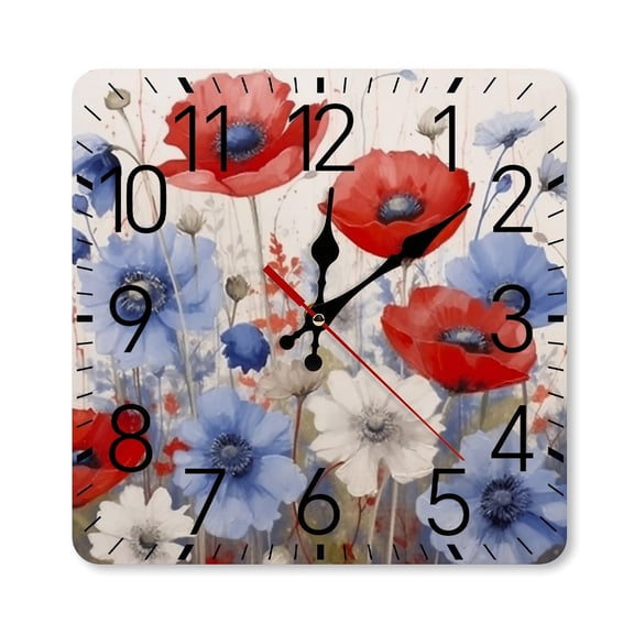 RKSupls 10×10inch Square Silent Wall Clock Wooden Frame, Patriotic Poppy Watercolor Scale Decorative Clock for Home Bedroom Living Room Office