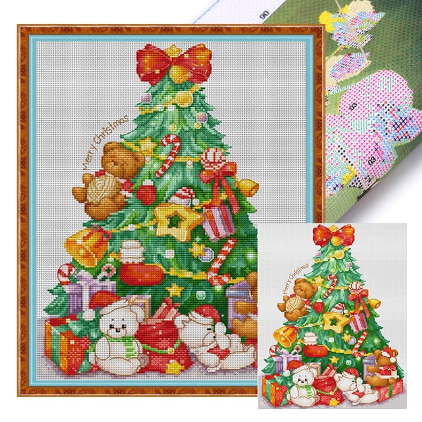 Parcial Bordado Algodón Egipcio 16CT Impresión Oso Navidad Punto Cruz 31x37cm