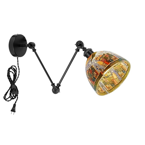 Kiven Farmhouse Swing Arm Wall Sconce,Adjustable Wall Lamp Light Fixture with Glass Lampshade, 6ft Plug-in Cord, Dimmable Wall Lights Fixtures for Bedside Kitchen Bookshelf E26 Base DZ0581