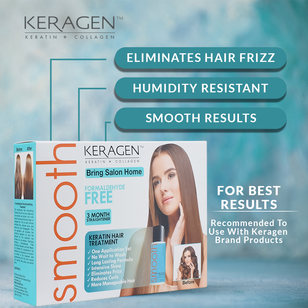Keragen - Brazilian Keratin Hair Smoothing Treatment Express Home Kit - Blowout Straightening System, with 2 Oz Formaldehyde Free Treatment, 2 Oz Clarifying Shampoo and Aftercare Samples