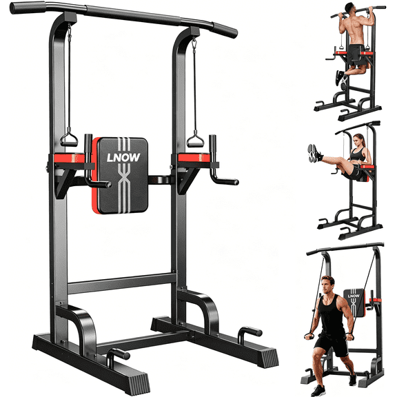 LNOW Adjustable Power Tower 480lbs Max Weight Multifunction Body Champ Dip Station Pull up Bar Power Rack for Home Gym Strength Training Workout Equipment