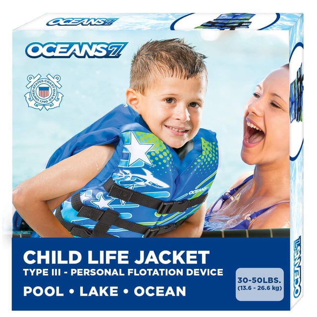 Oceans7 Aprobado por la Guardia Costera de EE. UU., Tipo III - Chaleco salvavidas para niños - Dispositivo de flotación personal con cómodo diseño flexible de ajuste abierto - Azul/Blanco