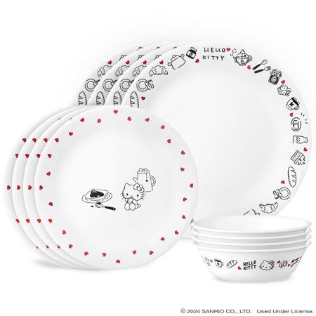 Corelle Vitrelle Hello Kitty 12-PC Dinnerware Set, Service for 3, Triple Layered Glass, Anti-Chip Durable Lightweight Plate and Bowl Set