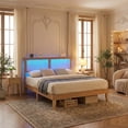 thumbnail image 1 of Full Bed Frame with LED Natural Rattan Headboard, Wood Slats Support, Mattress Foundation, No Box Spring Needed, 1 of 7