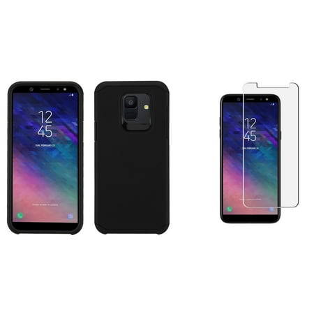 - Dual Layer Armor Hybrid Protector Phone Case Cover (Black) with Bubble-Free Tempered Glass Screen Protector and Atom Cloth for Samsung Galaxy A6