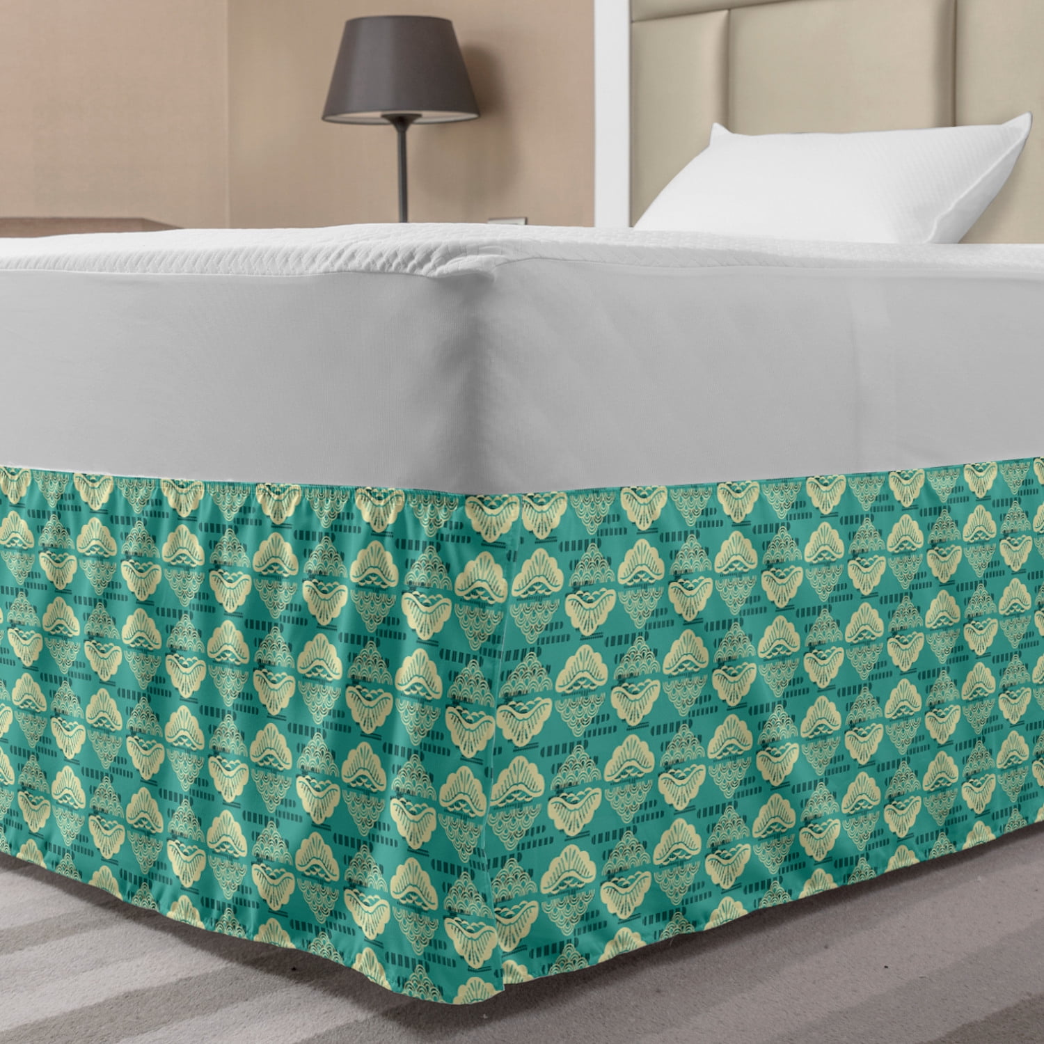 Boho Bed Skirt, Oriental Pattern Japanese Ethnic Waves Scrolling Clouds