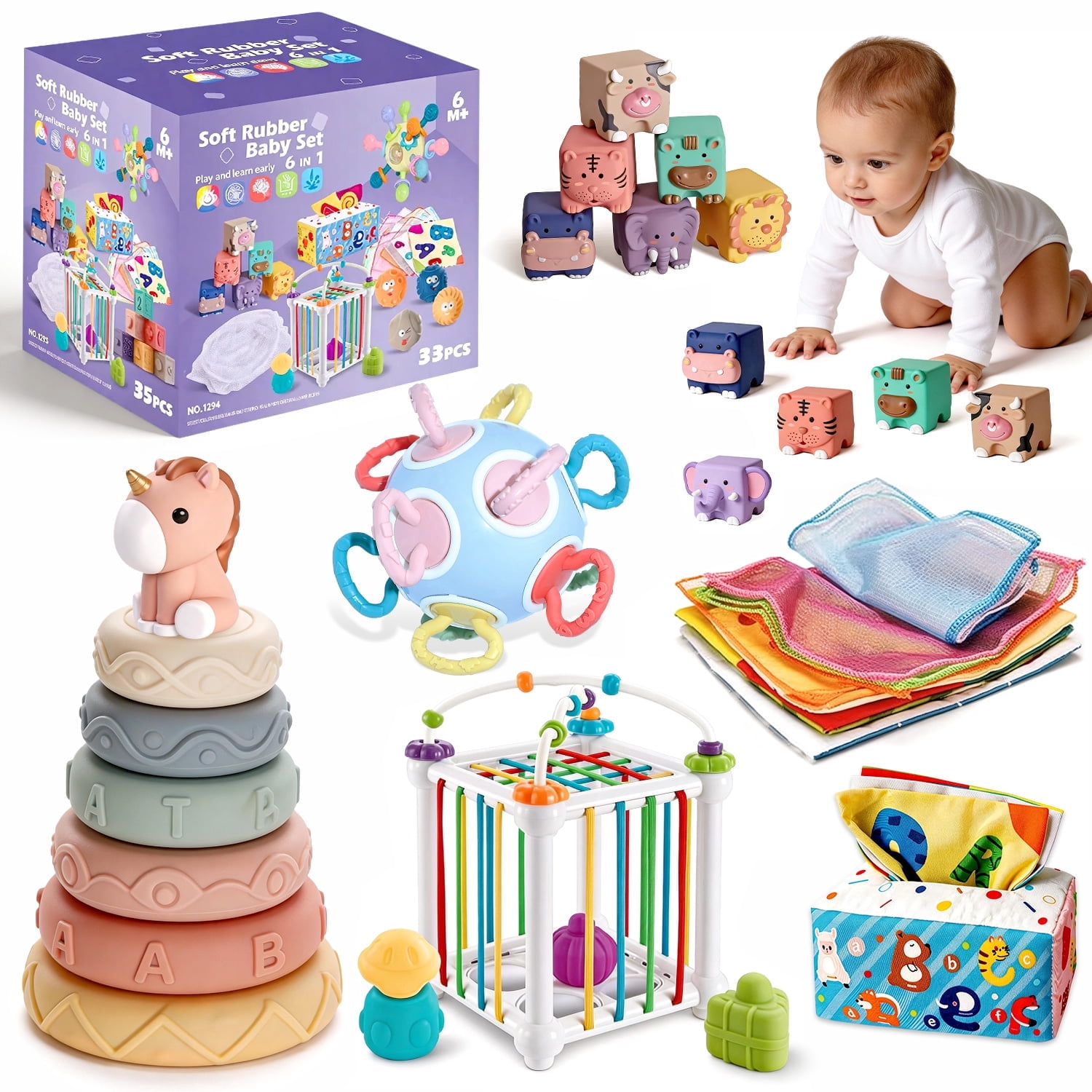 Caunedy 6 in 1 Montessori Toys for Baby 6-12 Months and Infant Toy for 1-3 Year Old.Early Learning Toys Set,First Baby Gift Set for Girl Boy