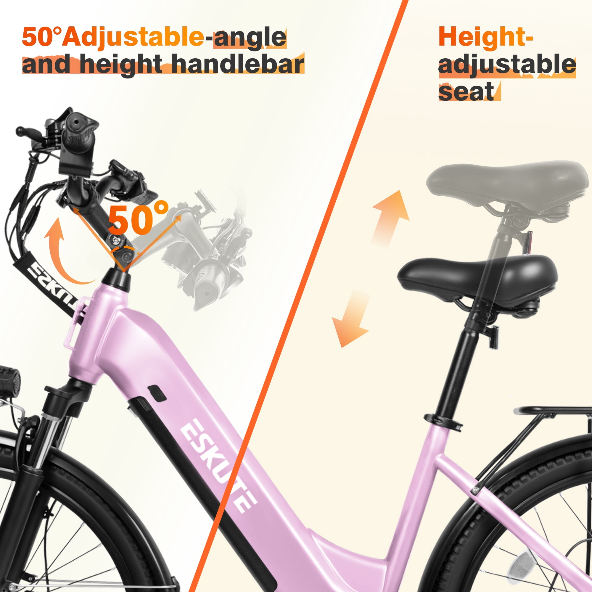 Electric Bike for Adults – 1300W Peak Motor, 28MPH, 840Wh Removable Battery, Up to 70-Mile Range, 26" Tires, 7-Speed Adjustable Stem, Step-Thru, Pink