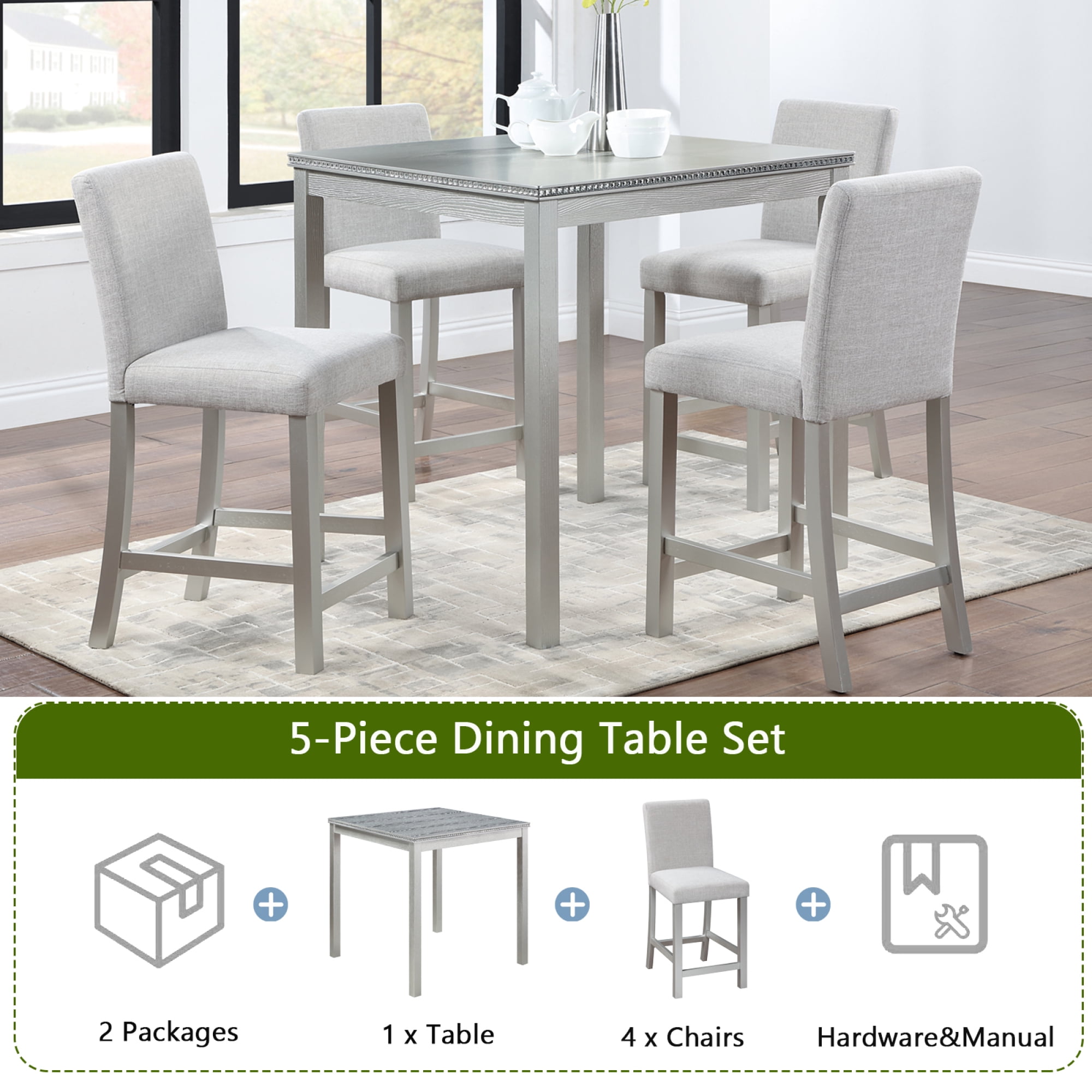 Leumius 5 Pieces Dining Table Set,Counter Height Table Set with Square Table and 4 Upholstered Chairs,Wooden Kitchen Table Set for Kitchen, Dining Room,Beige+Silver Gray