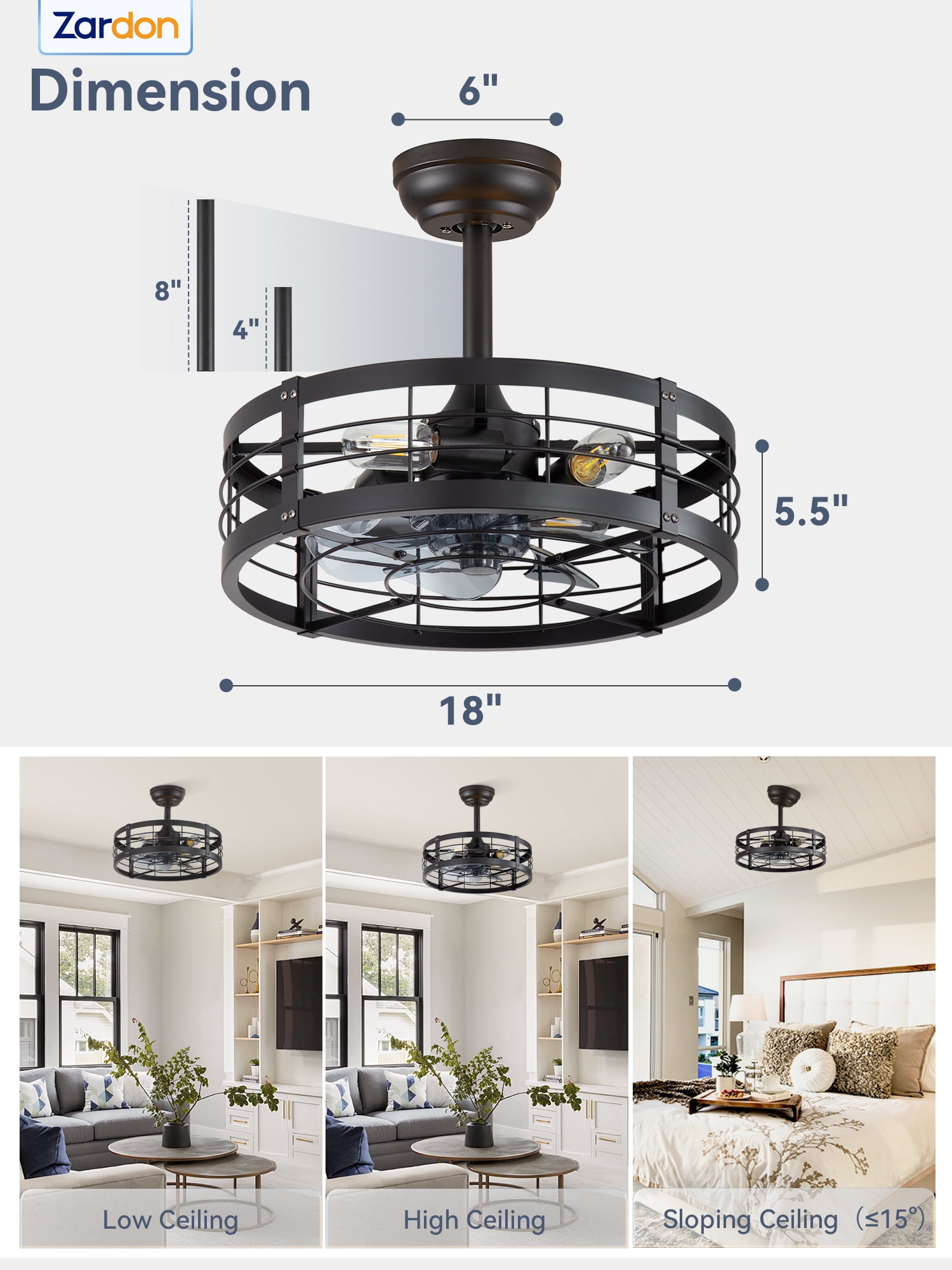 Zardon 18" Black Antique Caged Indoor Ceiling Fan with Pure Copper Motor, Dimmable LED Lights, Remote Control, 6 Speeds