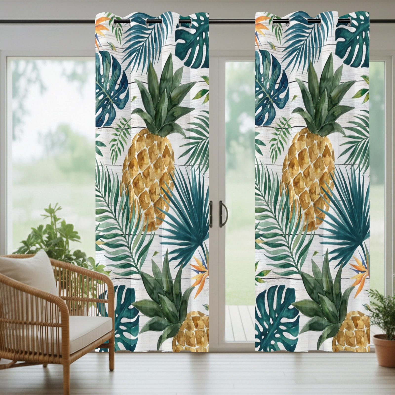 Gold Pineapple Outdoor Curtains for Patio, Monstera Leaf Tropical Botanical White Wood Striped Sunshade Privacy Drapes Grommet Waterproof Outside Curtains for Porch/Cabana/Balcony 54"x 108", 1 Panel