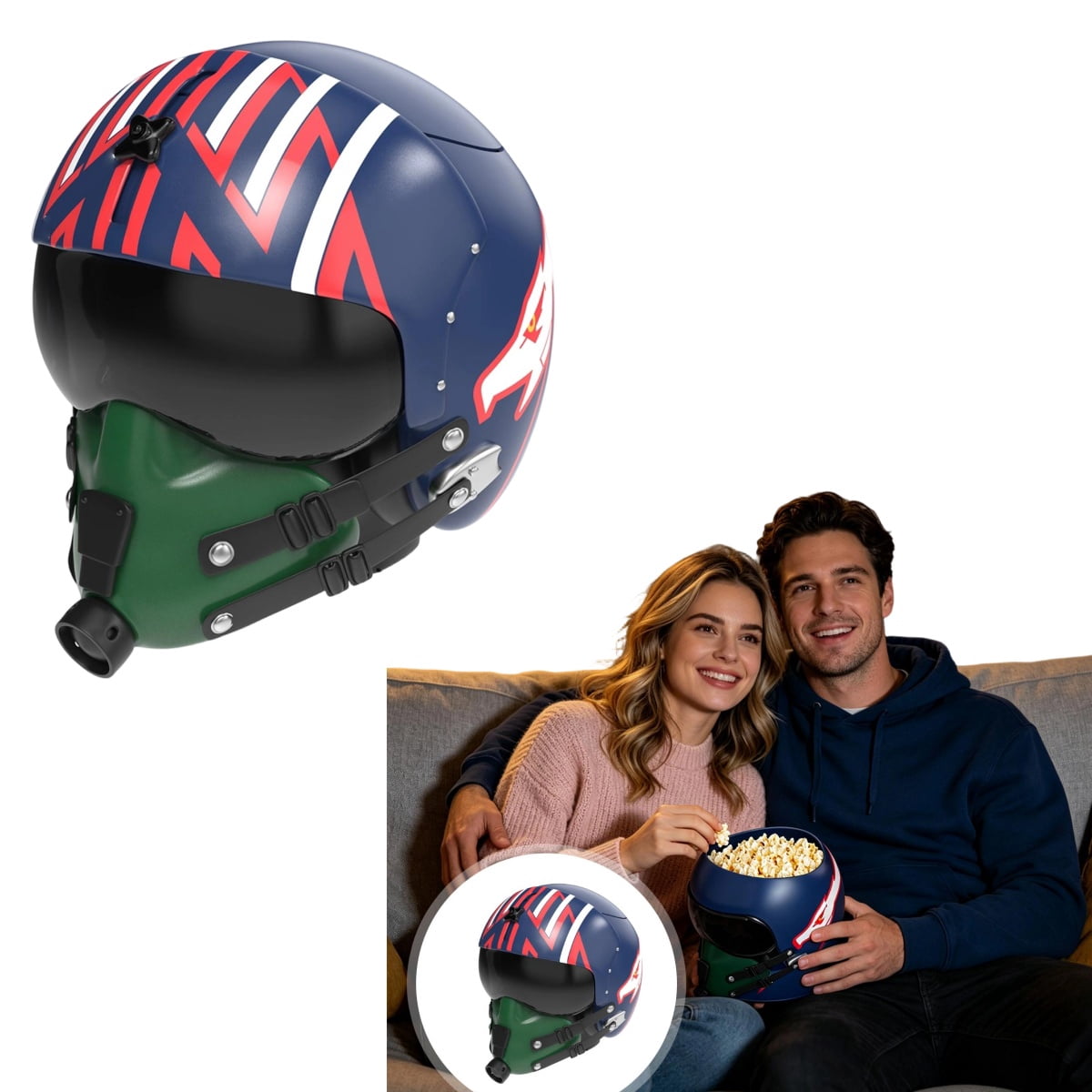 Top Maverick Pilot Helmet Popcorn Bucket, Large Reusable Plastic Popcorn Bowl, Goose & Maverick Helmet Shaped Snack Container, 40th Anniversary Collectible Popcorn Holder for Movie Night Home Party,B