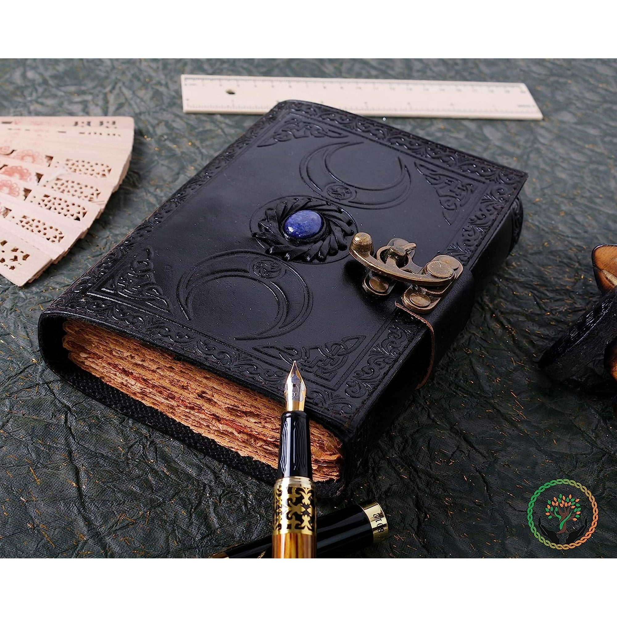 Vintage Leather Journal with Semi Precious Stone Black Triple Moon Design 200 pages Antique Deckle Edge Paper - Book of Shadows, Grimoire Journal, for Men and Women - 8" x 6"