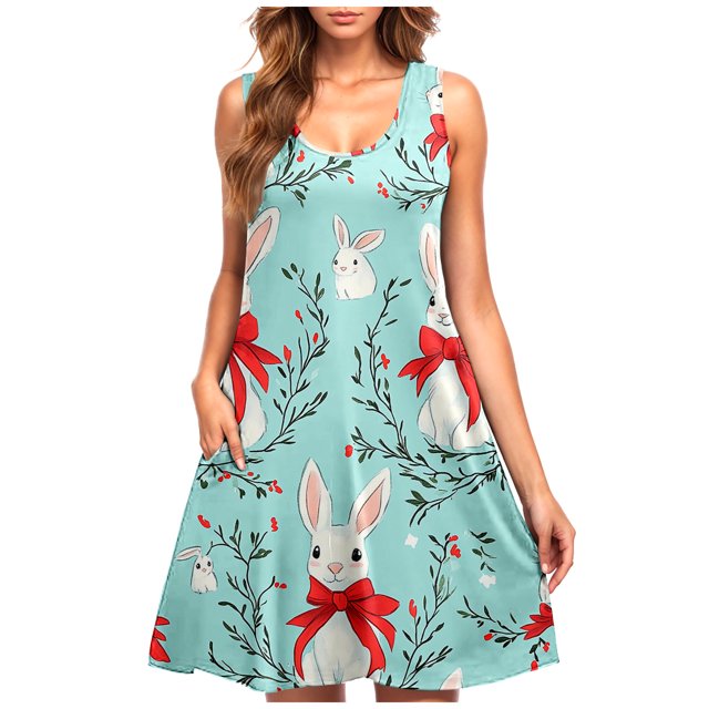 Hyknon Robes d'Été pour Femmes Mode Col Rond Sans Manches Douces Confortables Robes d'Été Imprimées de Pâques Amples Grande Taille Robes Midi Fluides