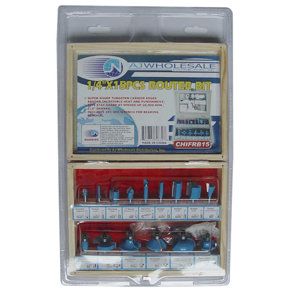 15 Piece 1/4" Shank Carbide Tip Cutter Tipped Wood Router Bit Set Kit