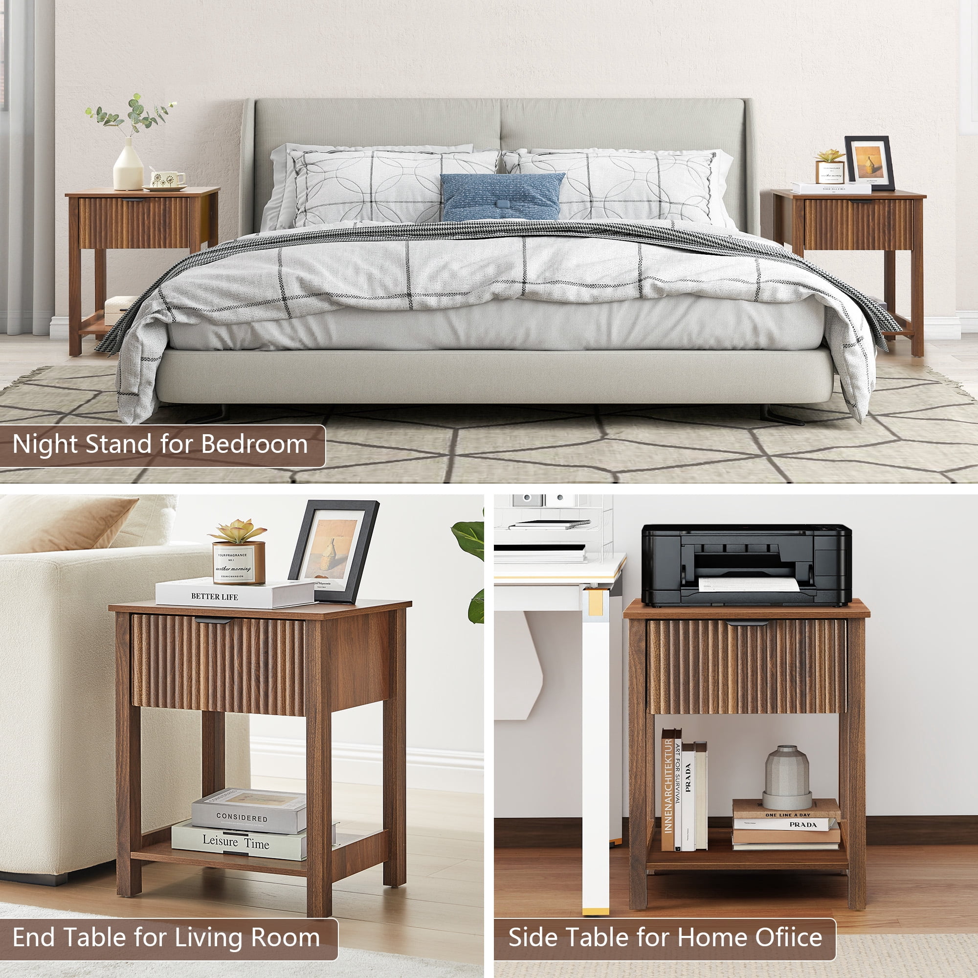 PHOYAL Fluted Nightstand for Bedroom, Wood Bedside Table with Drawers, Walnut