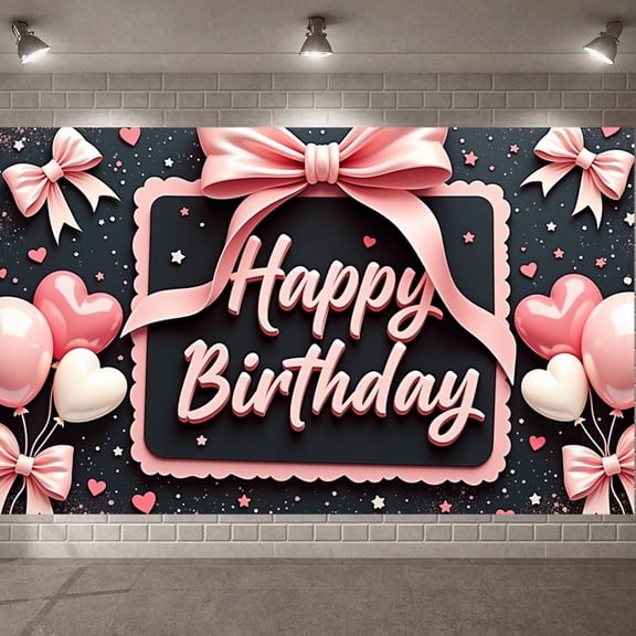 Pink Style Banner Bowknot Design Birthday Display Heart-shaped Balloons Star Pattern Party Backdrop for Birthday Party Girls' Party Photo Shoot
