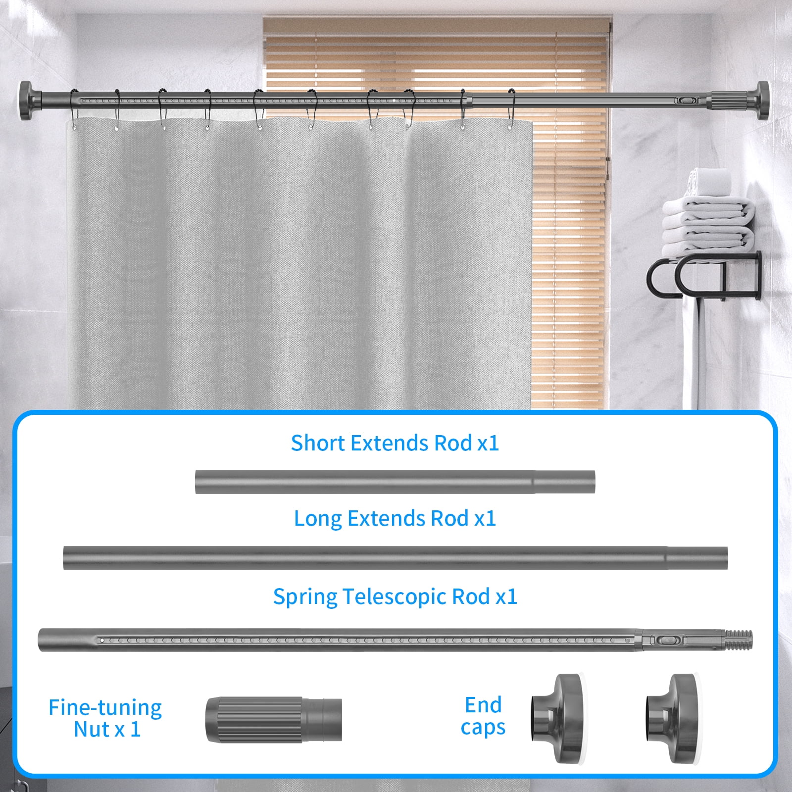 Ktinnead One-Push Tension Curtain Rod,94-122 in Extra Long Curtain Rods No Drill Adjustable Spring Shower Curtain Rod,Rustproof Steel for Window Patio Outdoor Bathroom,Matte Gray