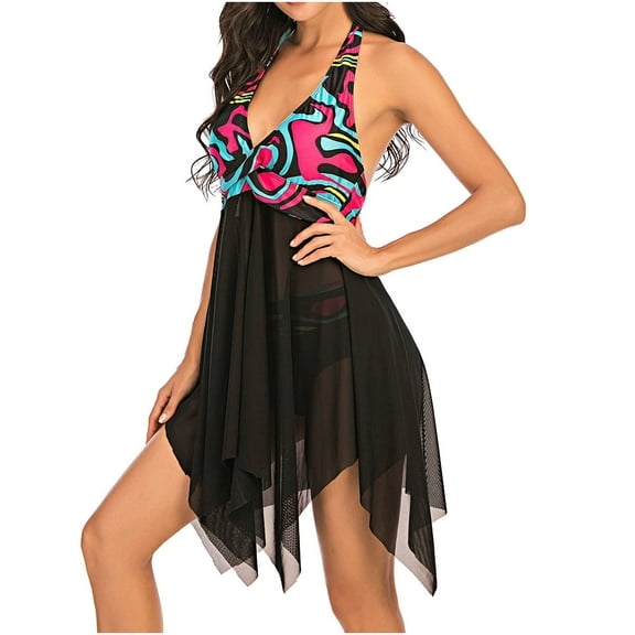 OAVQHLG3B Tankini Bathing Suit for Womens Swimsuits Ladies Trendy Multicolor Gradient Color Print Sling Gauze Perspective Women's Split Swimsuit