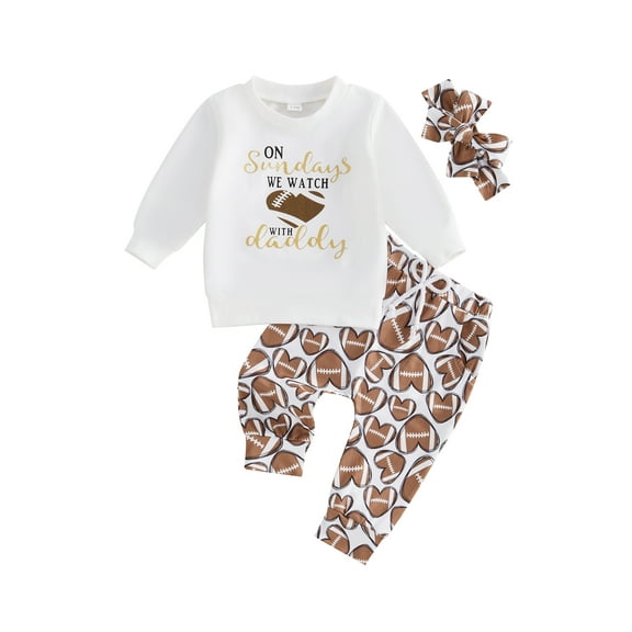 Toddler Baby Girl Fall Outfits 0 6 12 18 24 Months 2T 3T Letter Print Long Sleeve Sweatshirt with Heart Football Pattern Pants Headband Clothing Set