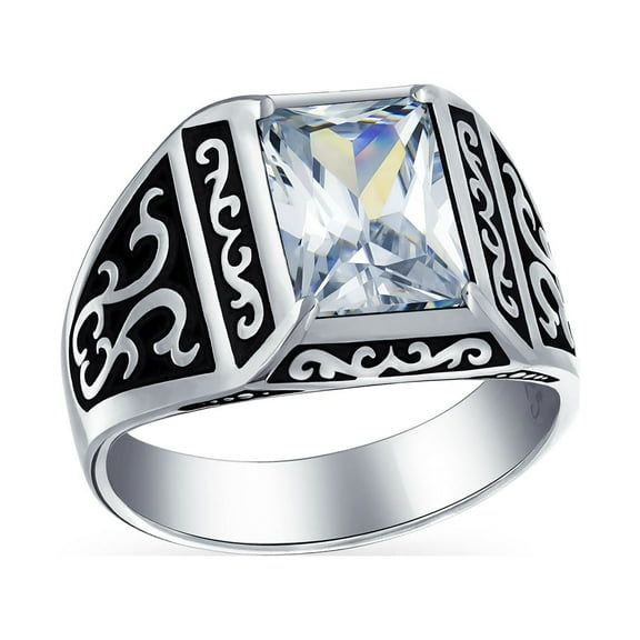 Bling Jewelry Mens Viking Scroll Emerald Cut CZ Ring Two Tone Oxidized Silver Handmade In Turkey