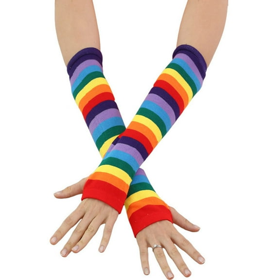 JUNTEX Women Girls Rainbow Striped Long Sleeve Sunscreen Arm Sleeve Fingerless Mittens