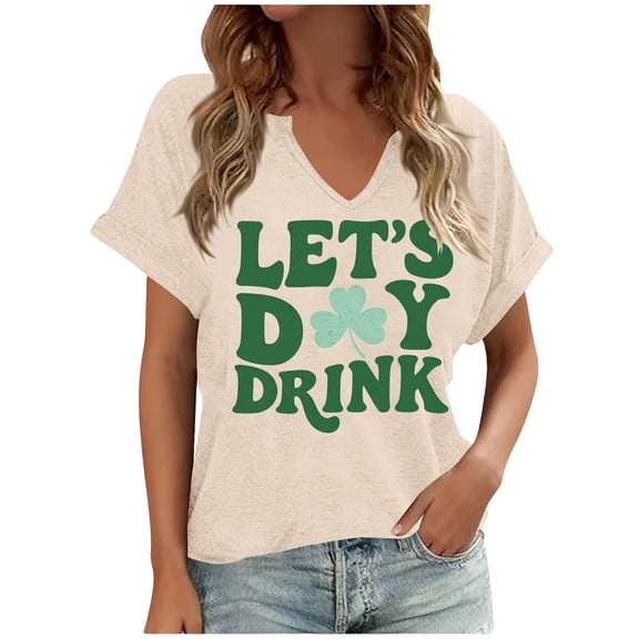 HongQid St Patricks Day Shirt Women V Neck Funny St Paddys Day T-Shirt Irish Graphic Short Sleeve Tee