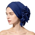 thumbnail image 4 of VJGBEGW Women Pre-Tied Ruffled Turban Head Wrap Soft Stretch Ruffle Floral Side Head Scarf Breathable Chemo Cap for Hair Loss Blue One Size, 4 of 4