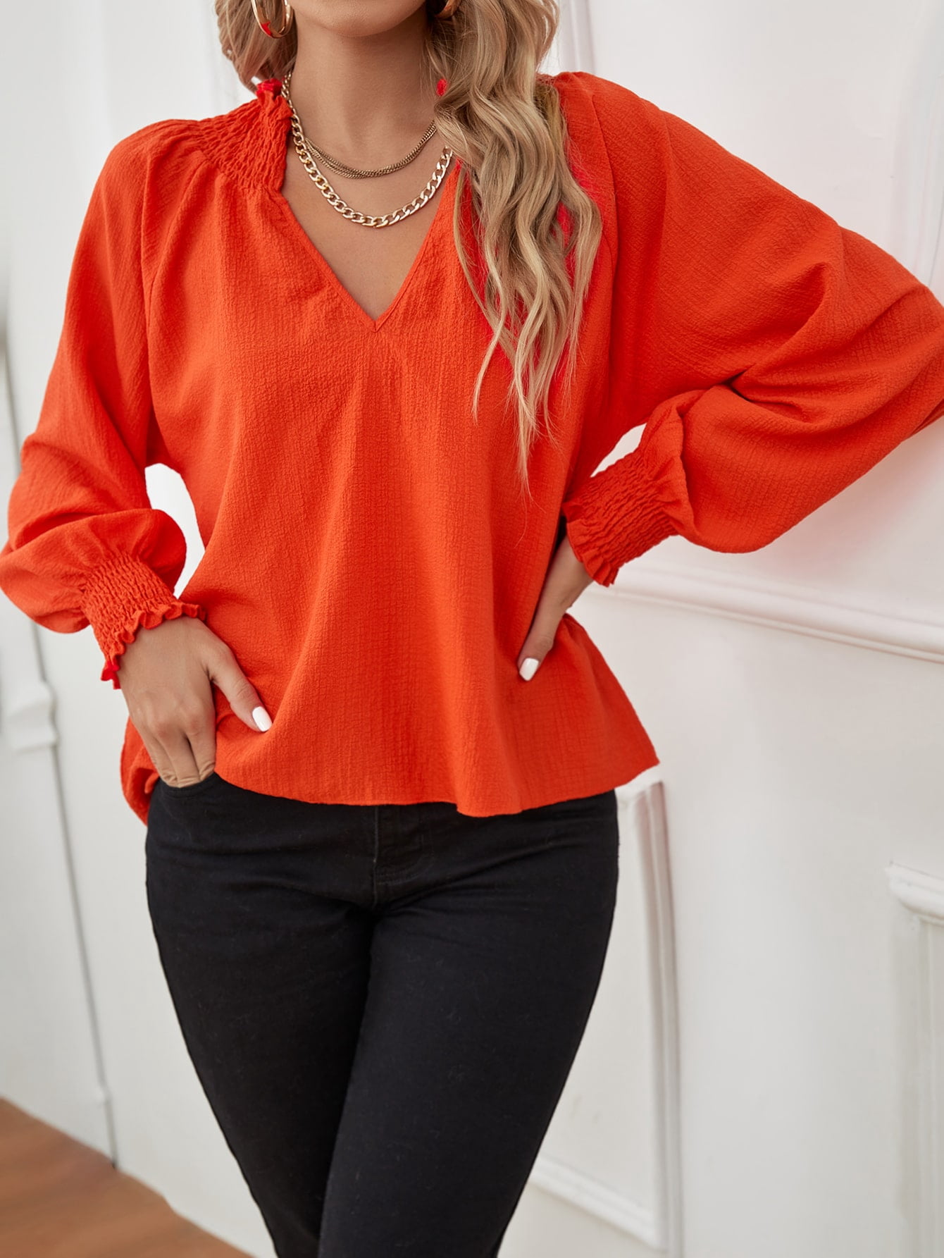 Frill Trim Shirred Bishop Sleeve 