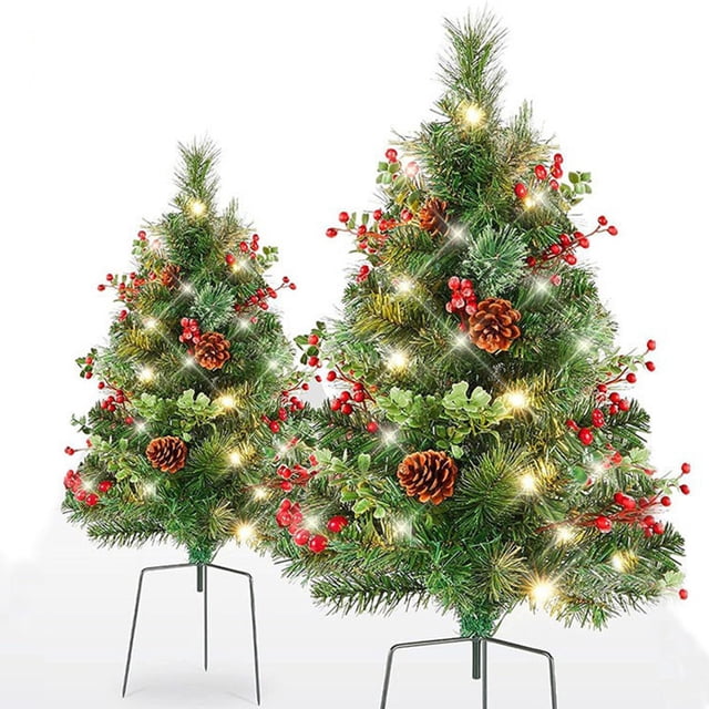 Musbetu 23 Pouces Urne de Noël Artificielle Éclairée Pré-Éclairée Pin de Noël avec Cônes Baies Rouges Piquet Trépied et Lumière LED pour Décoration de Vacances