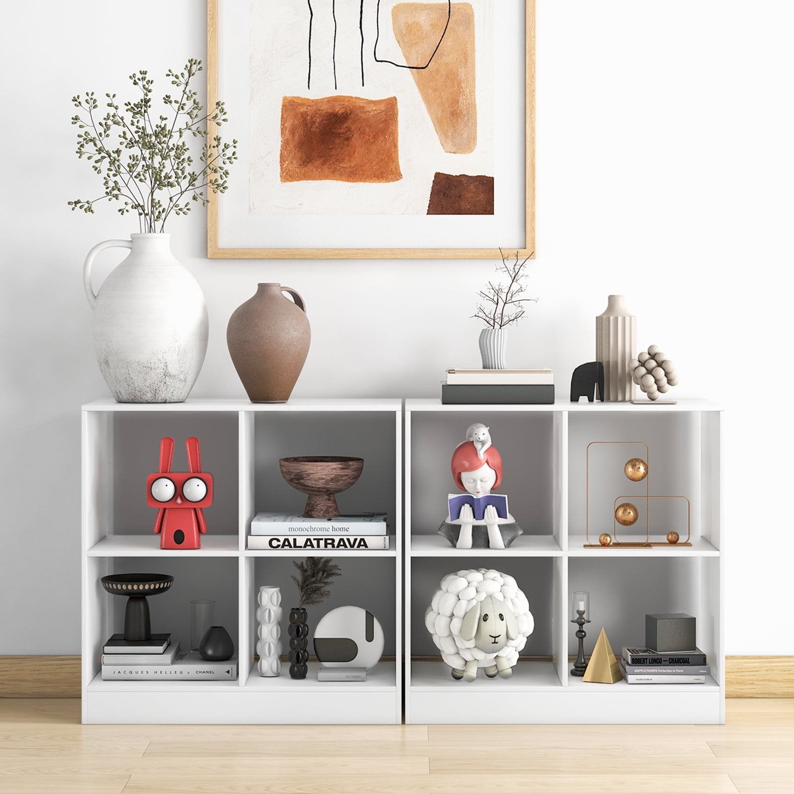 Topbuy 4-Cube Bookcase Floor Open Wooden Bookshelf with 2 Anti-Tipping Kits Modern Shelving Organizer Multipurpose Storage Cabinet White