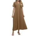 thumbnail image 2 of Under $20 Summer Dresses Plus Size, Women's Summer Sexy Fashion Solid Color Pocket Short Sleeve V-Neck Dress(Coffee,S), 2 of 9