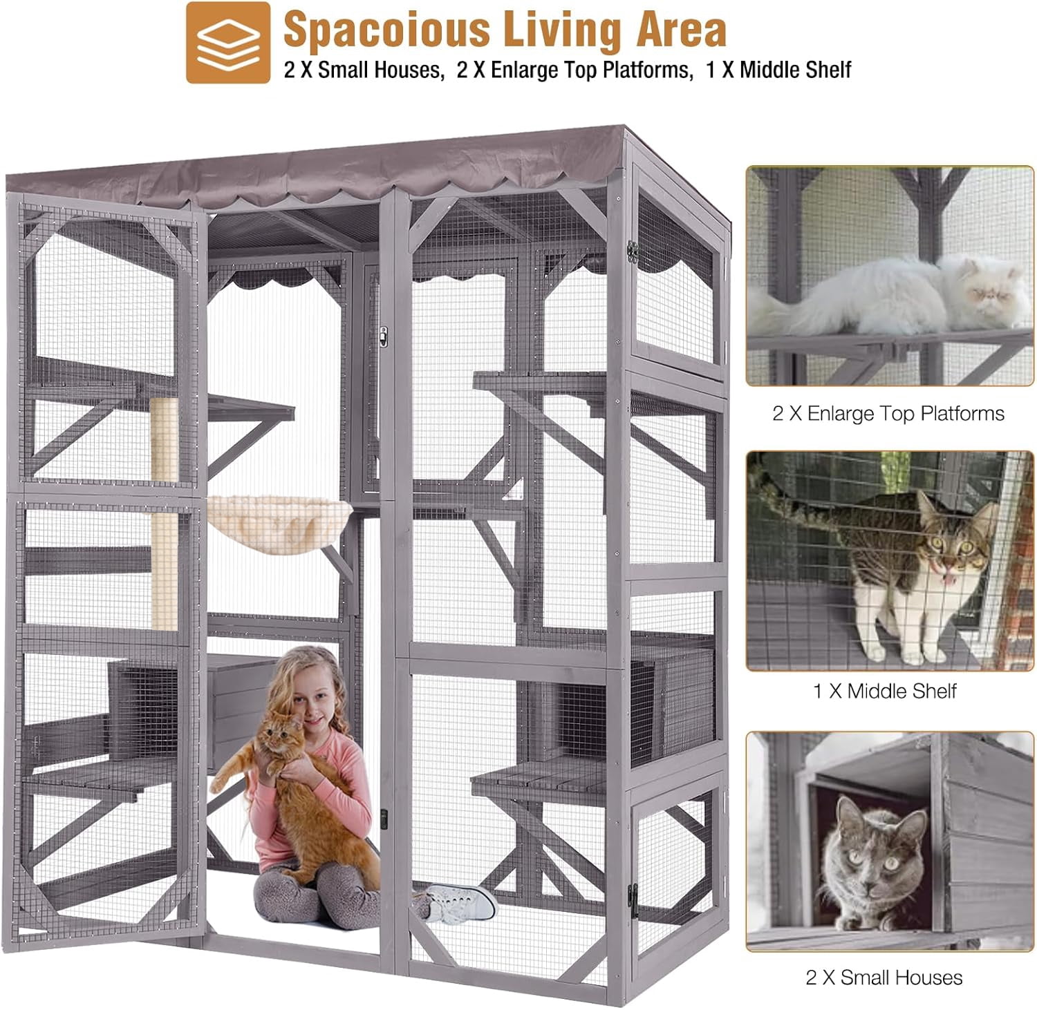 Aivituvin Large Catio Outdoor Cat Enclosure with Condos, Wood Window Catio Walk in Cat House, Kitty Shelter Indoor with with Door, Platform 70" Gray