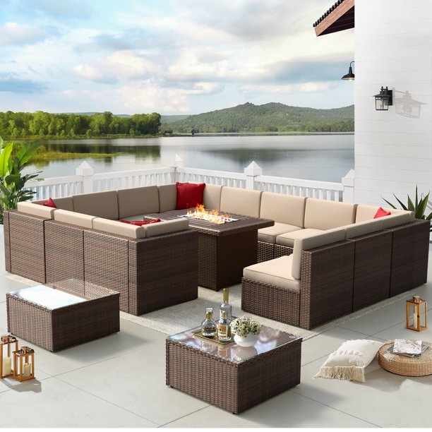 Aoxun 15Piece Patio Furniture Set with Propane Fire Pit Table Wicker
